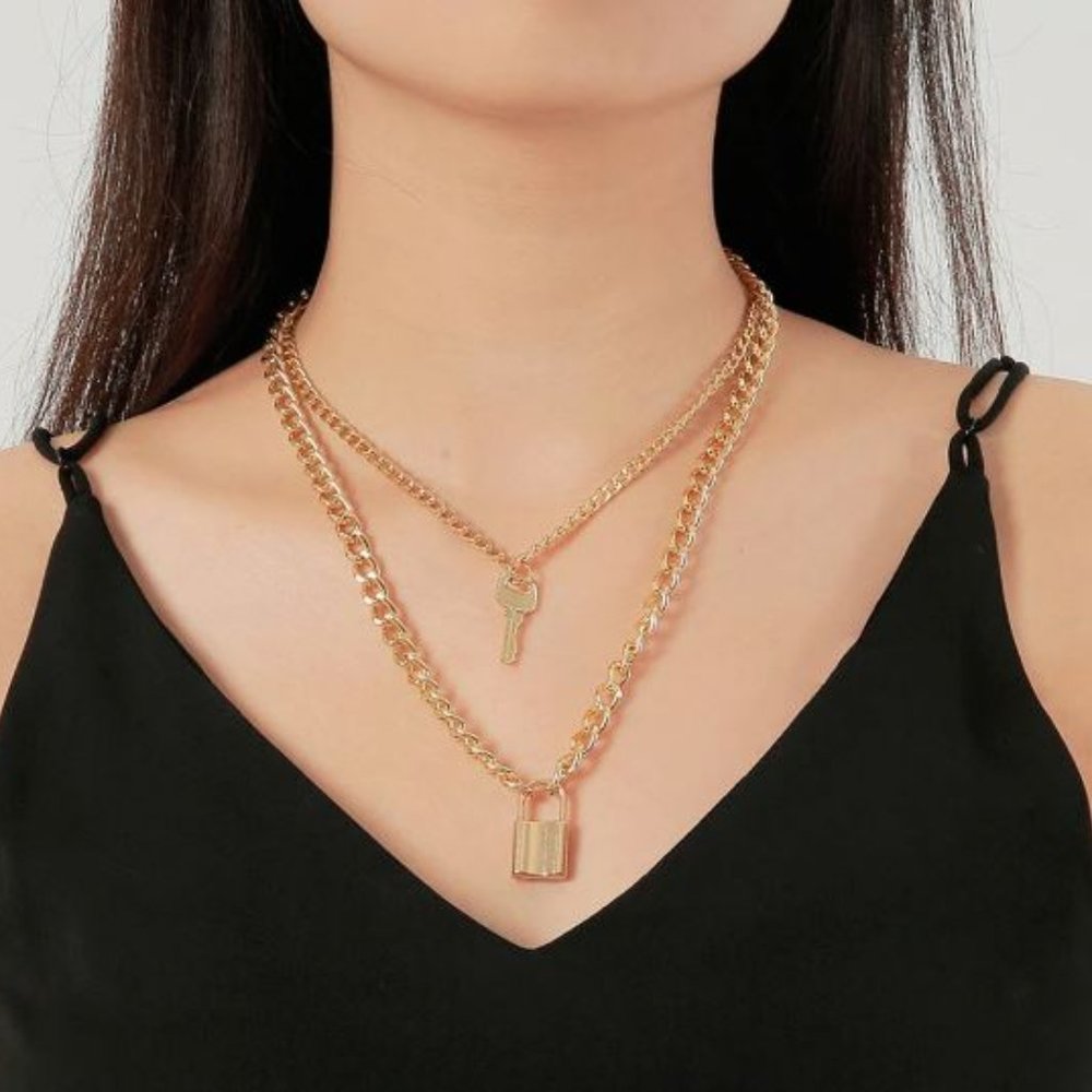Lock And Key Gold Color Layered Necklace Lock Key Pendant Punk